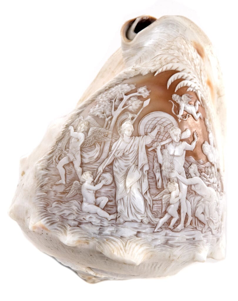 A Victorian conch shell cameo depicting Diana at the hunt,
