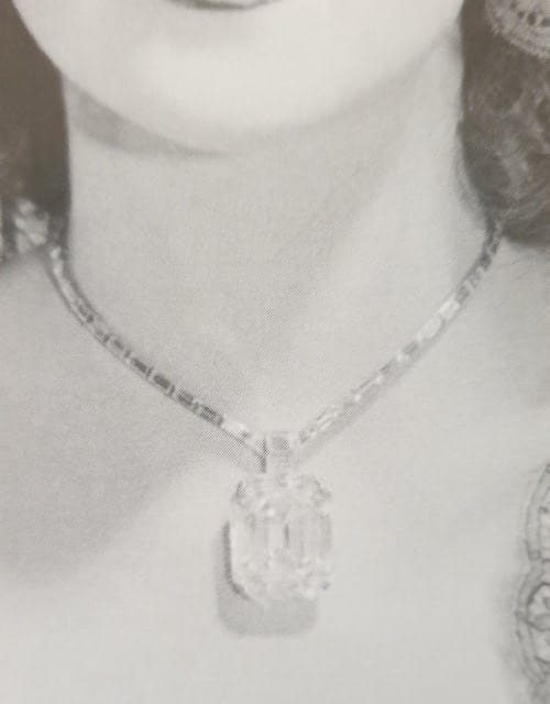 Detail of Harry Winston's Jonker white diamond, 125.65ct, set into a necklace by Paul Flato, 1938.