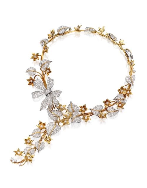 Diamond and gold bow and flower motif cascade necklace, designed by Headley for Flato, ca. 1938.