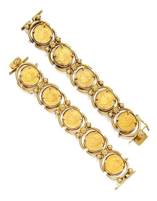 Gold "Mexican coins" bracelets, by Paul Flato, ca. 1980.