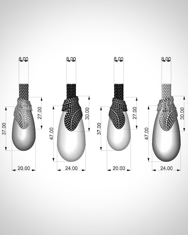 Four schematic teardrop objects with dotted textured tops, each accompanied by vertical and horizontal measurement lines showing dimensions in millimeters.