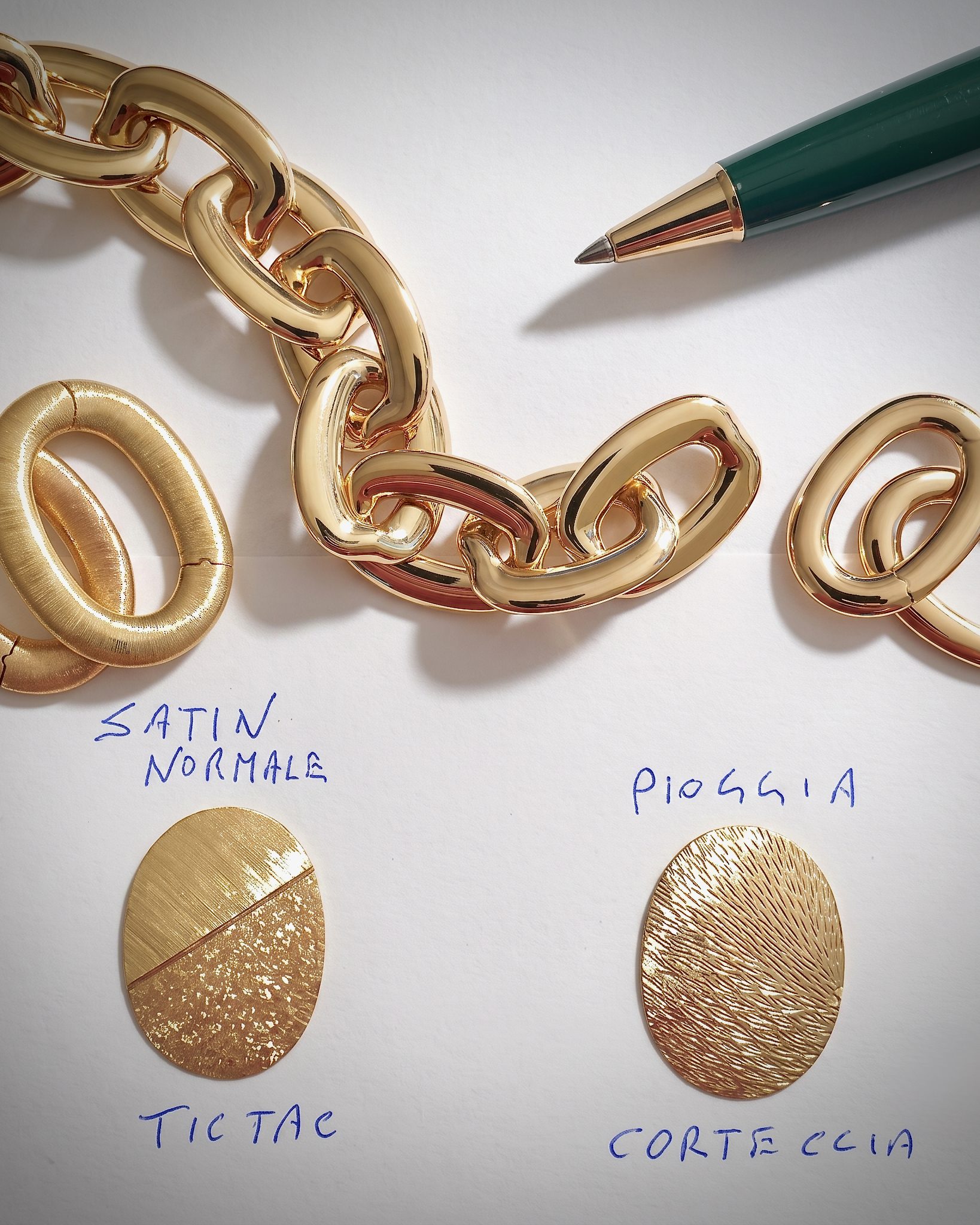 Close-up of a shiny gold chain and gold-toned pendants on white paper with handwritten notes in blue ink and a green pen nearby