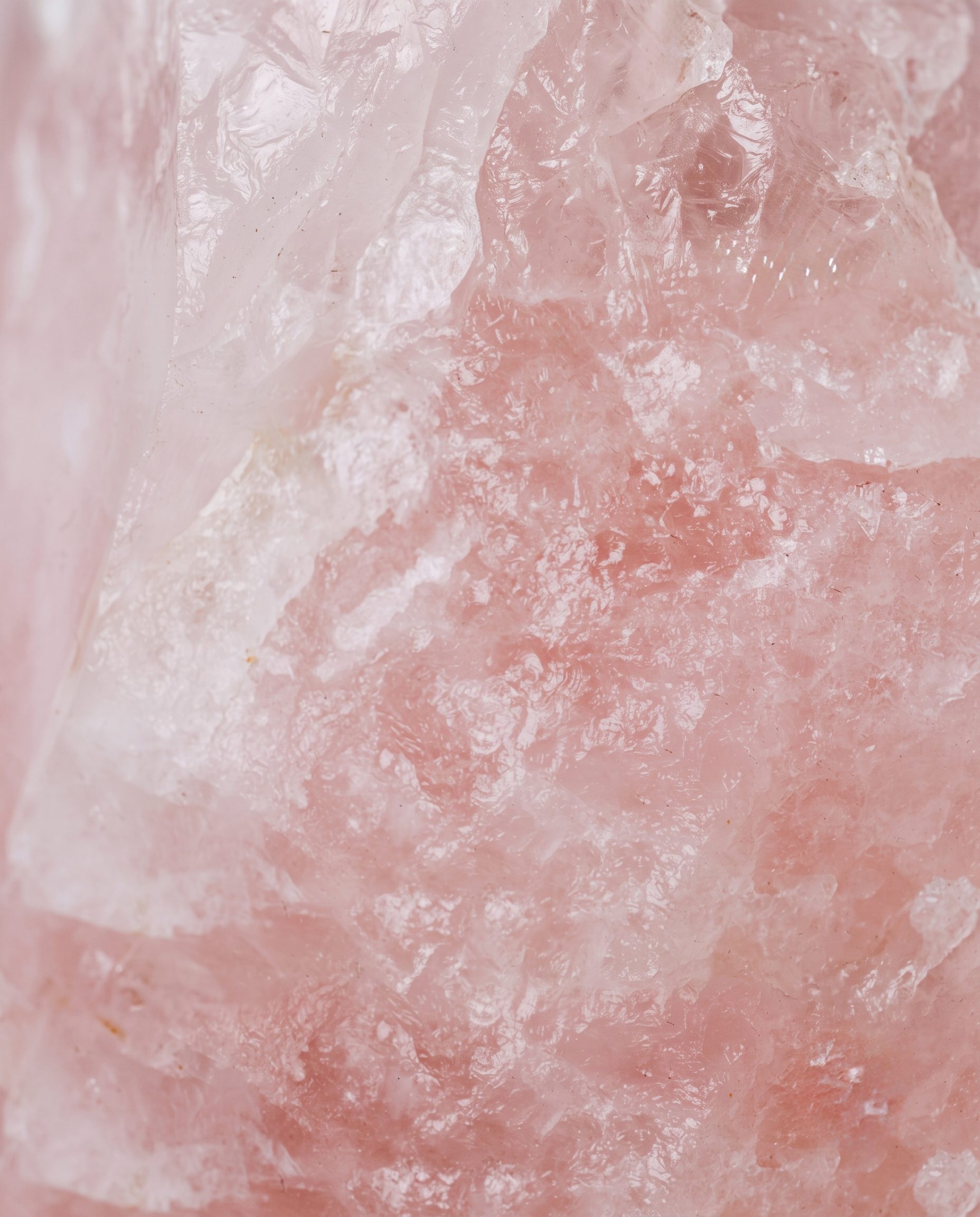 Close-up of a pink rose quartz crystal surface showing translucent, jagged facets and soft pink hues.