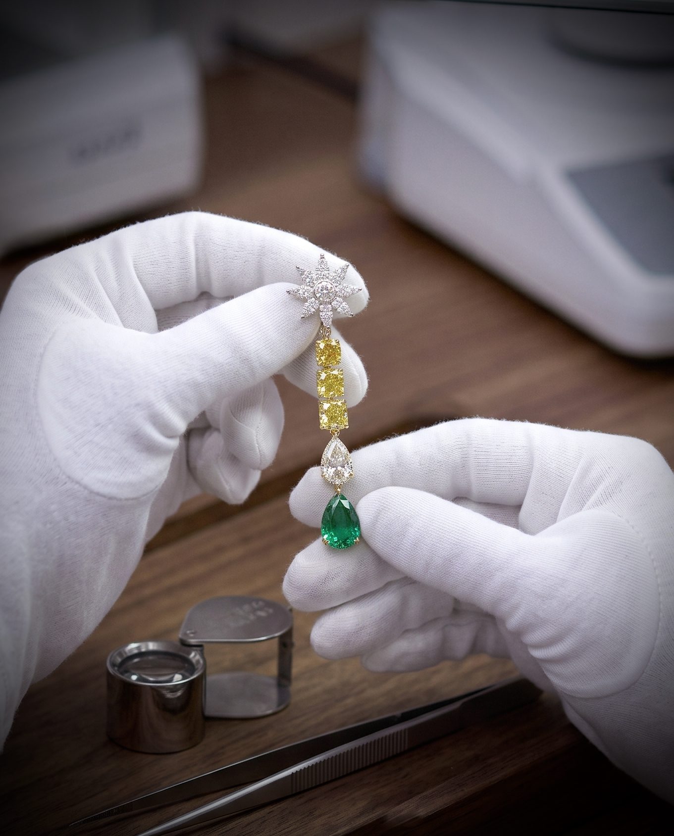 Gloved hands examine a star-shaped diamond pendant with yellow-gold links and a teardrop emerald at the bottom.",