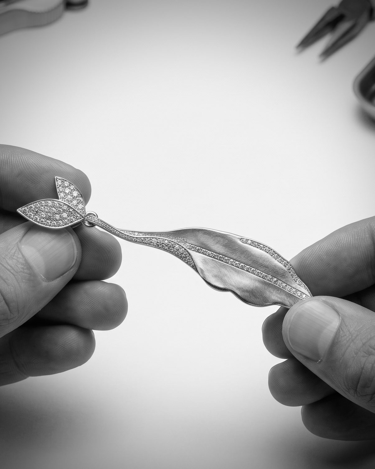 Close-up of a silver leaf-shaped pendant encrusted with small diamonds being held between two fingers by a jewelry maker.