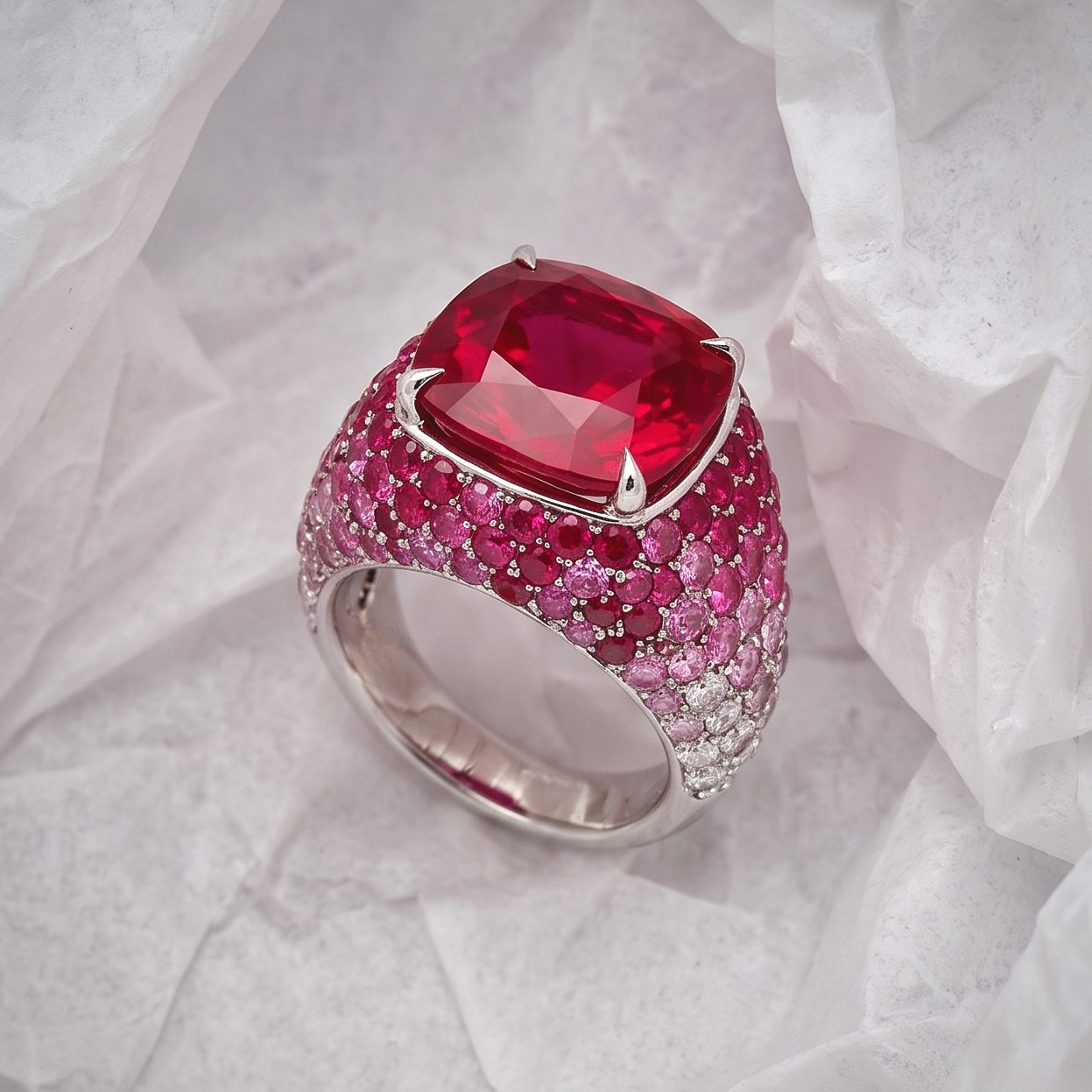 Silver ring featuring a large red cushion-cut gemstone set in a prong setting with a pavé of pink and white diamonds along the band, on crumpled white tissue.