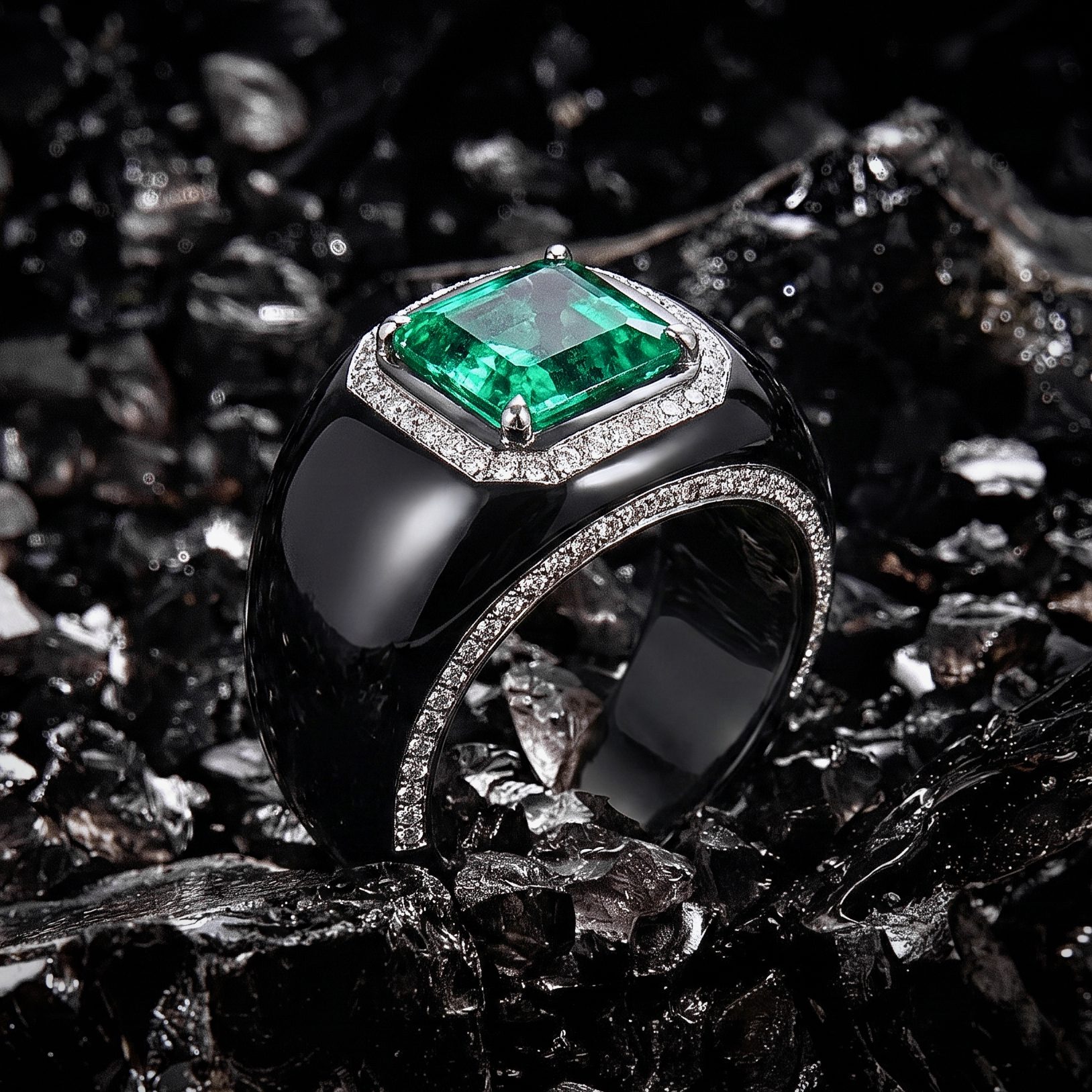 Emerald-cut green gemstone ring with a diamond halo on a black band.
