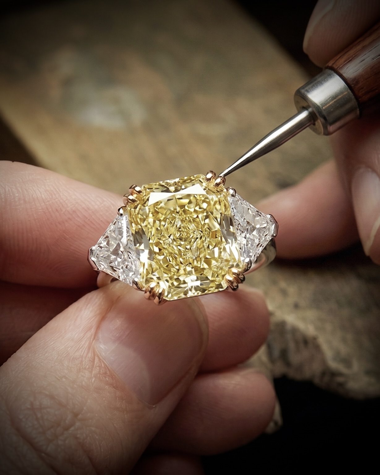Close-up of a jeweler placing a yellow center diamond into a ring, flanked by two clear side stones, with a tool adjusting the prongs.